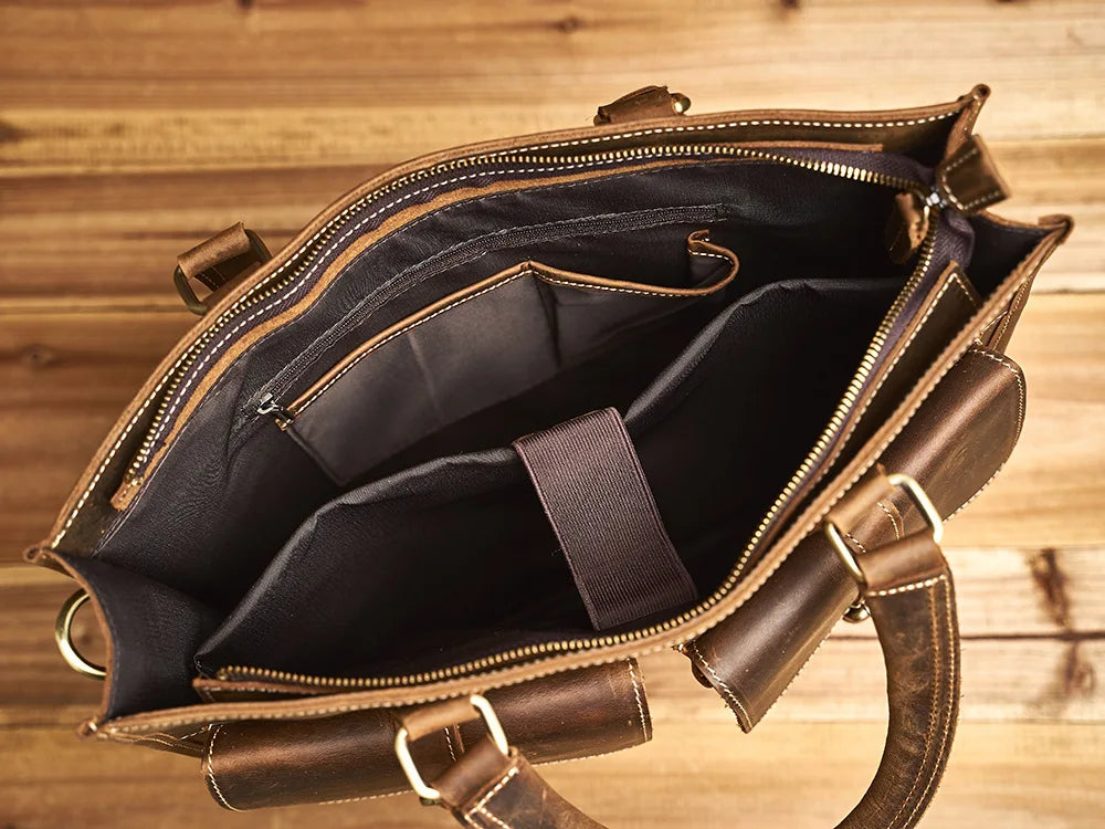 Executive Cowhide Leather Briefcase — Retro Style, Laptop Compartment, Brass Hardware