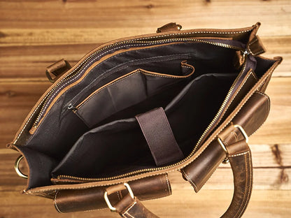 Executive Cowhide Leather Briefcase — Retro Style, Laptop Compartment, Brass Hardware