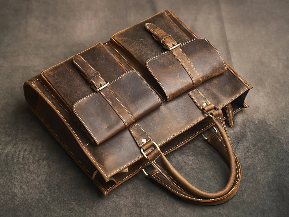 Executive Cowhide Leather Briefcase — Retro Style, Laptop Compartment, Brass Hardware