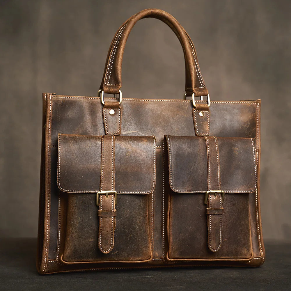 Executive Cowhide Leather Briefcase — Retro Style, Laptop Compartment, Brass Hardware