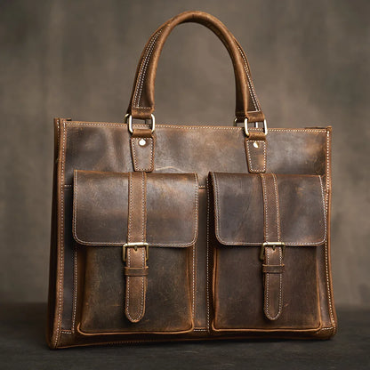Executive Cowhide Leather Briefcase — Retro Style, Laptop Compartment, Brass Hardware