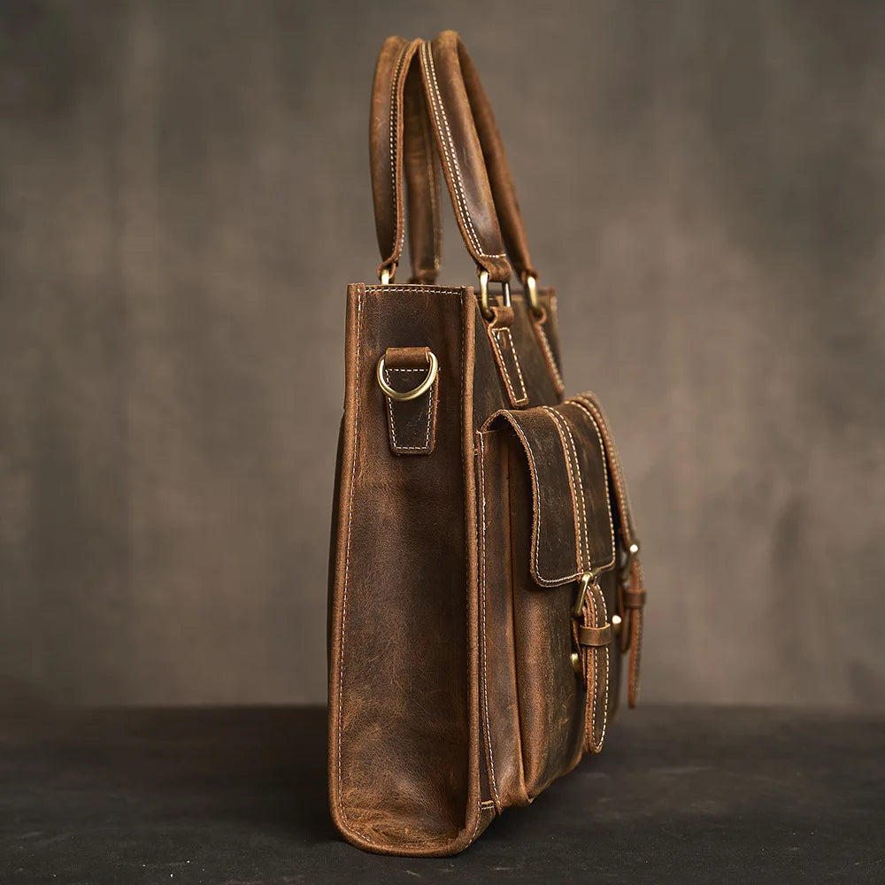 Executive Cowhide Leather Briefcase — Retro Style, Laptop Compartment, Brass Hardware