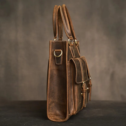 Executive Cowhide Leather Briefcase — Retro Style, Laptop Compartment, Brass Hardware
