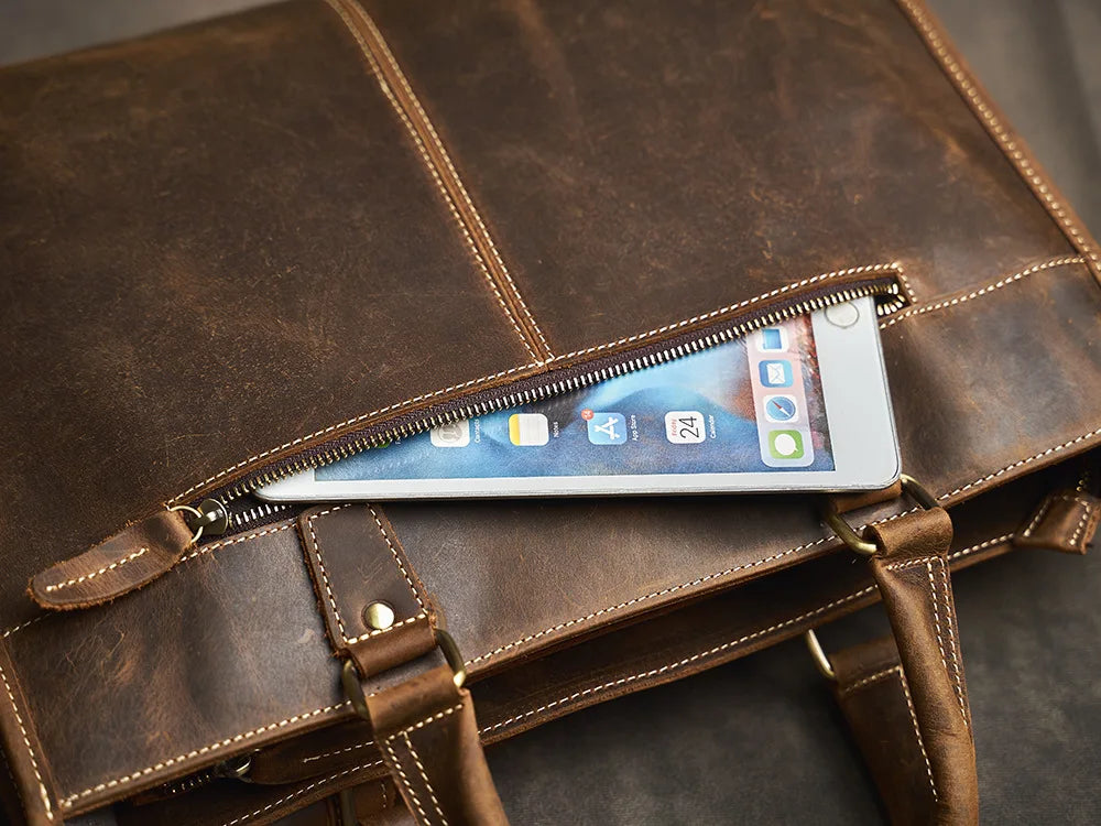 Executive Cowhide Leather Briefcase — Retro Style, Laptop Compartment, Brass Hardware