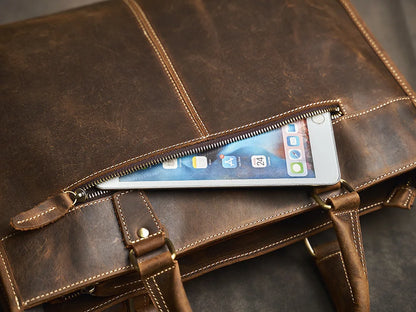 Executive Cowhide Leather Briefcase — Retro Style, Laptop Compartment, Brass Hardware