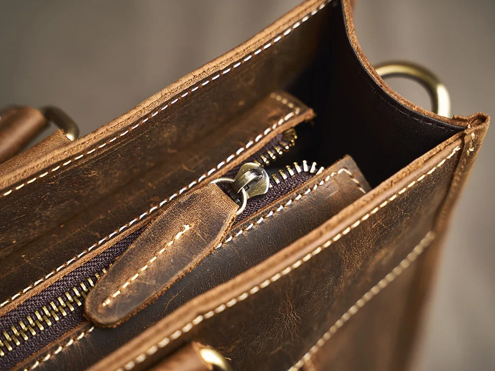 Executive Cowhide Leather Briefcase — Retro Style, Laptop Compartment, Brass Hardware