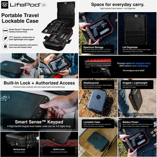 Full-Size Lockable Weatherproof Pistol Case with Steel Cable and TSA Lock, Portable Travel Safe for Cars, Black