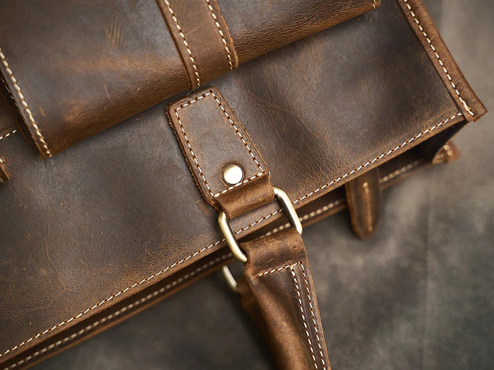 Executive Cowhide Leather Briefcase — Retro Style, Laptop Compartment, Brass Hardware