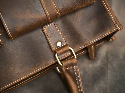Executive Cowhide Leather Briefcase — Retro Style, Laptop Compartment, Brass Hardware
