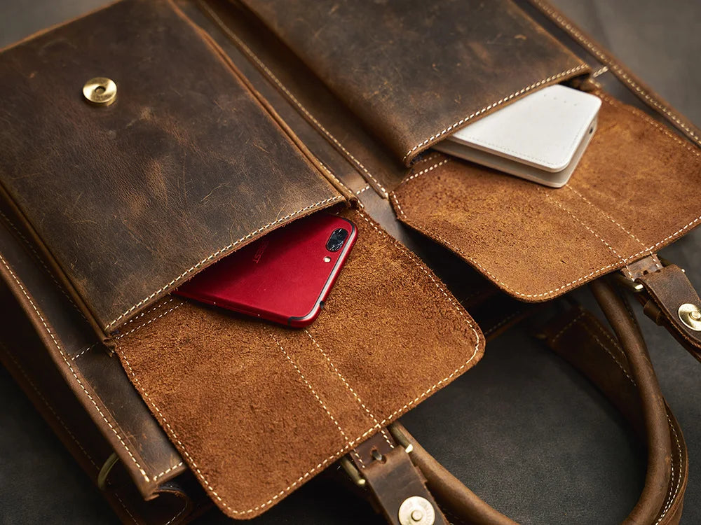 Executive Cowhide Leather Briefcase — Retro Style, Laptop Compartment, Brass Hardware