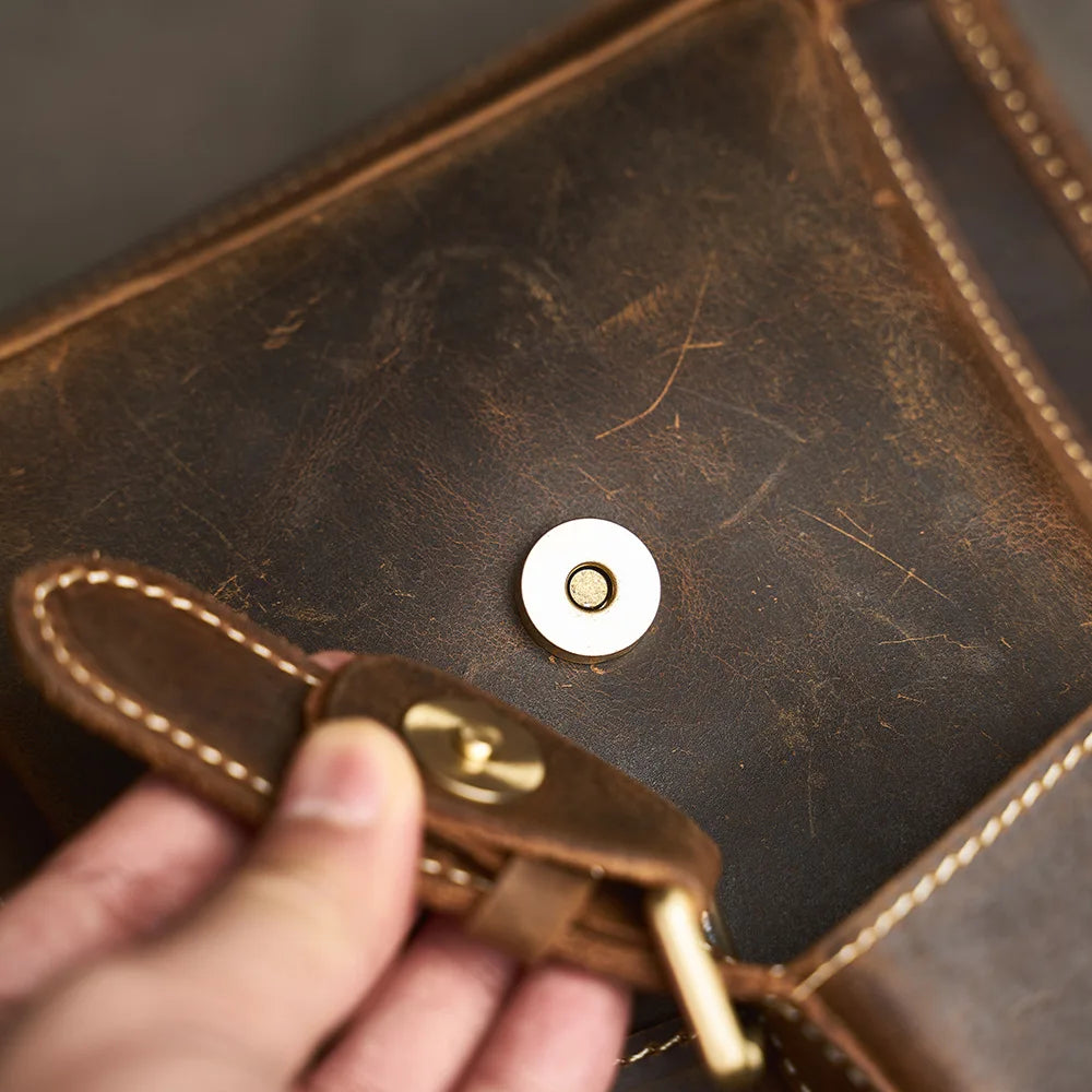 Executive Cowhide Leather Briefcase — Retro Style, Laptop Compartment, Brass Hardware