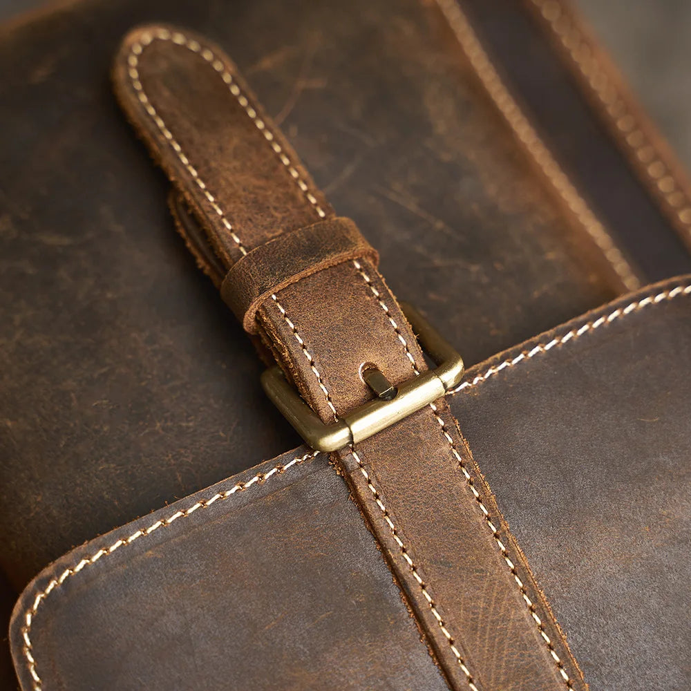Executive Cowhide Leather Briefcase — Retro Style, Laptop Compartment, Brass Hardware