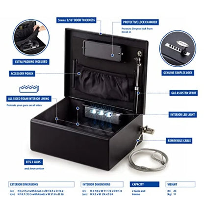 VS-12LSX Heavy Duty Mechanical Simplex Lock Two Gun Safe 2 Handgun Capacity Pistol with Security Cable Lock
