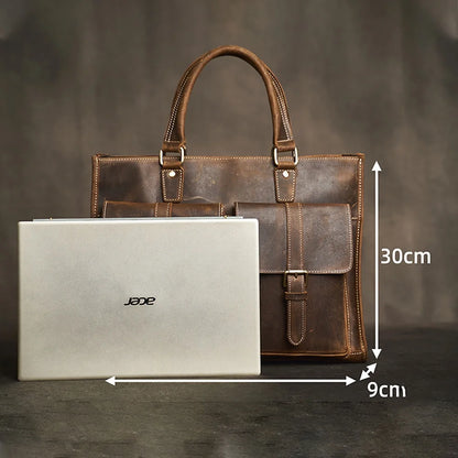 Executive Cowhide Leather Briefcase — Retro Style, Laptop Compartment, Brass Hardware