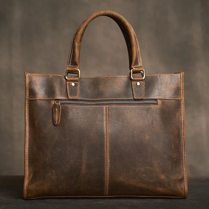Executive Cowhide Leather Briefcase — Retro Style, Laptop Compartment, Brass Hardware