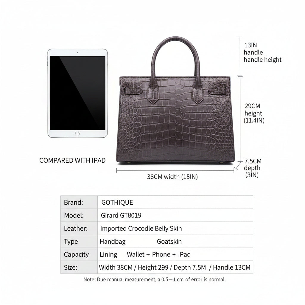 GOTHIQUE Girard GT8019 — Genuine Crocodile Belly Skin Men’s Handbag with Goatskin Lining