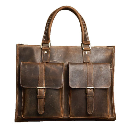 Executive Cowhide Leather Briefcase — Retro Style, Laptop Compartment, Brass Hardware