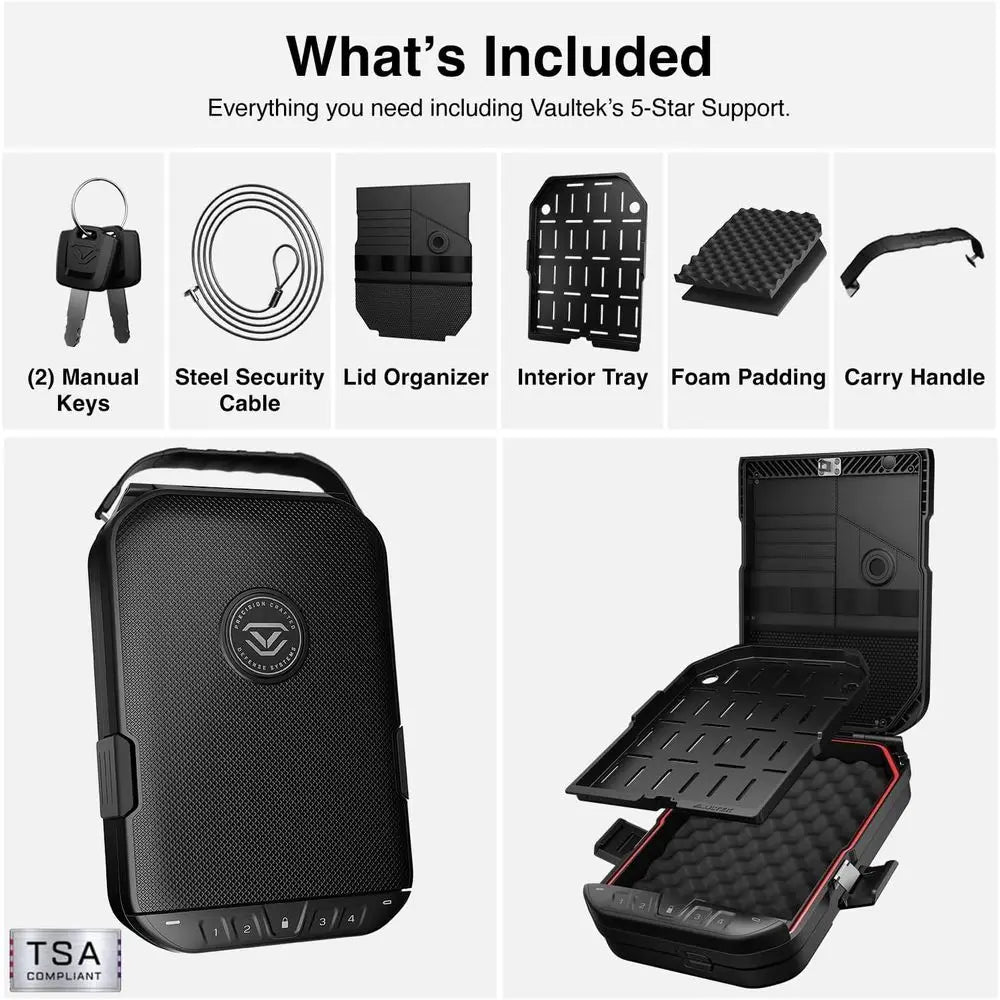 Full-Size Lockable Weatherproof Pistol Case with Steel Cable and TSA Lock, Portable Travel Safe for Cars, Black