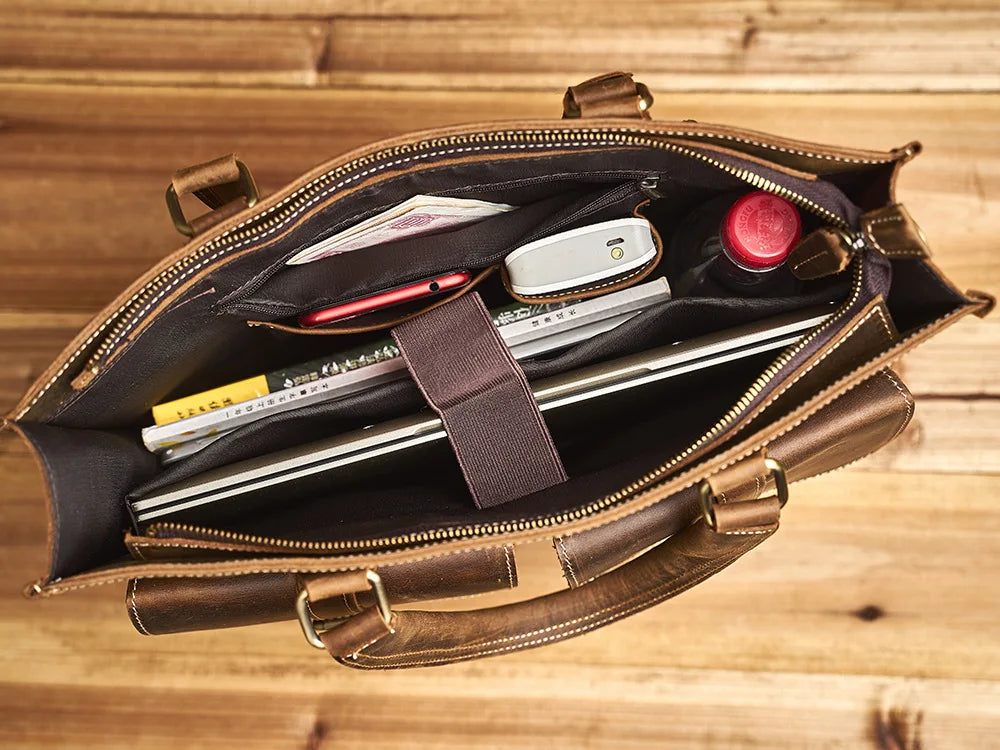 Executive Cowhide Leather Briefcase — Retro Style, Laptop Compartment, Brass Hardware