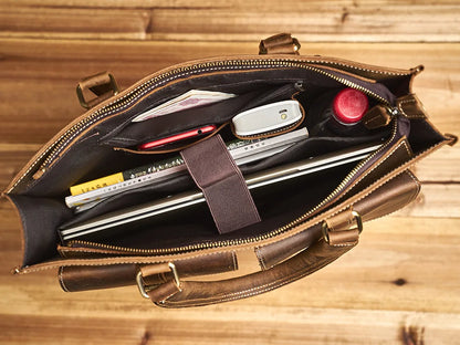 Executive Cowhide Leather Briefcase — Retro Style, Laptop Compartment, Brass Hardware