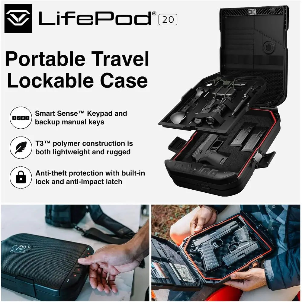 Full-Size Lockable Weatherproof Pistol Case with Steel Cable and TSA Lock, Portable Travel Safe for Cars, Black