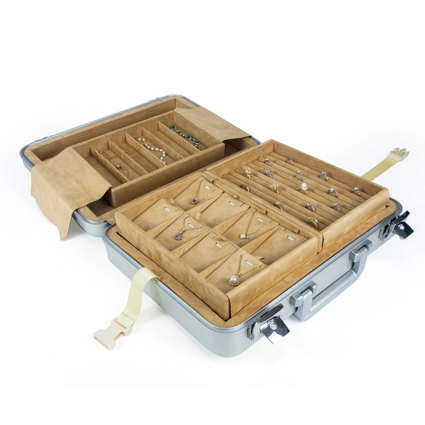 Portable Full Aluminum Travel Jewelry Boxes Safely Locked Carrying Cases Elegant Briefcase Style for Beauty & Jewelry Storage