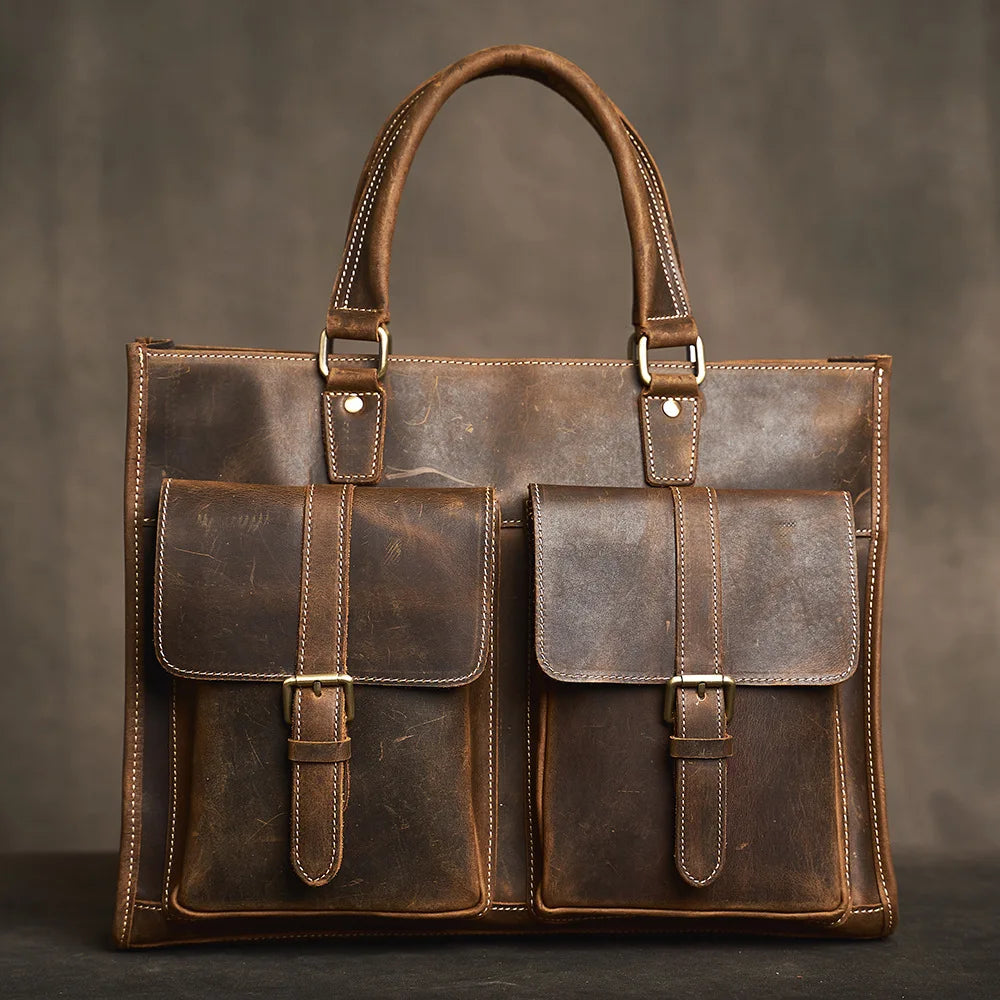 Executive Cowhide Leather Briefcase — Retro Style, Laptop Compartment, Brass Hardware