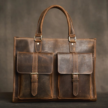 Executive Cowhide Leather Briefcase — Retro Style, Laptop Compartment, Brass Hardware